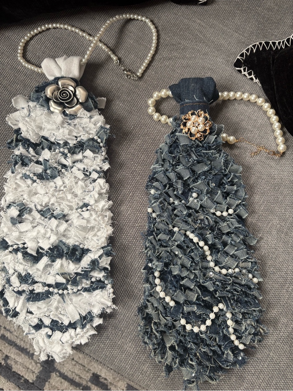 Denim Shaggy Fabric Tie Necklace Pair with Pearl Accents
